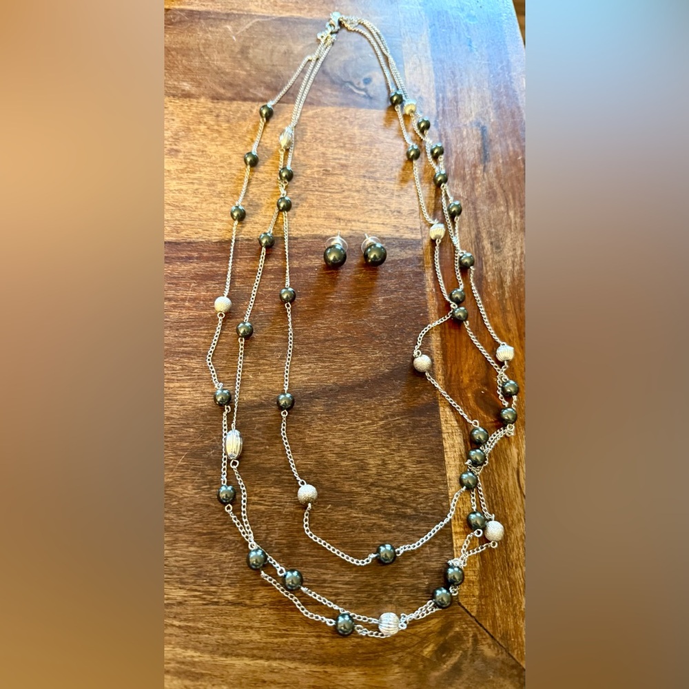 Carolee 3-Strand Black Faux Pearl & Silver Bead Necklace with Matching Earrings